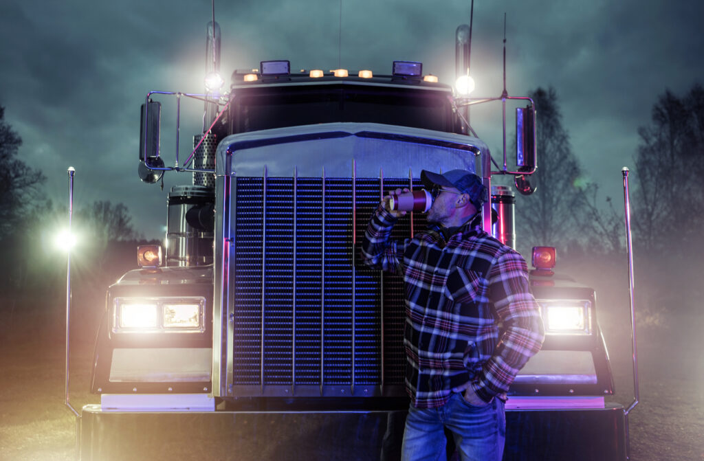 Truck Driver Drinking Coffee in Front of His Semi Truck Tractor